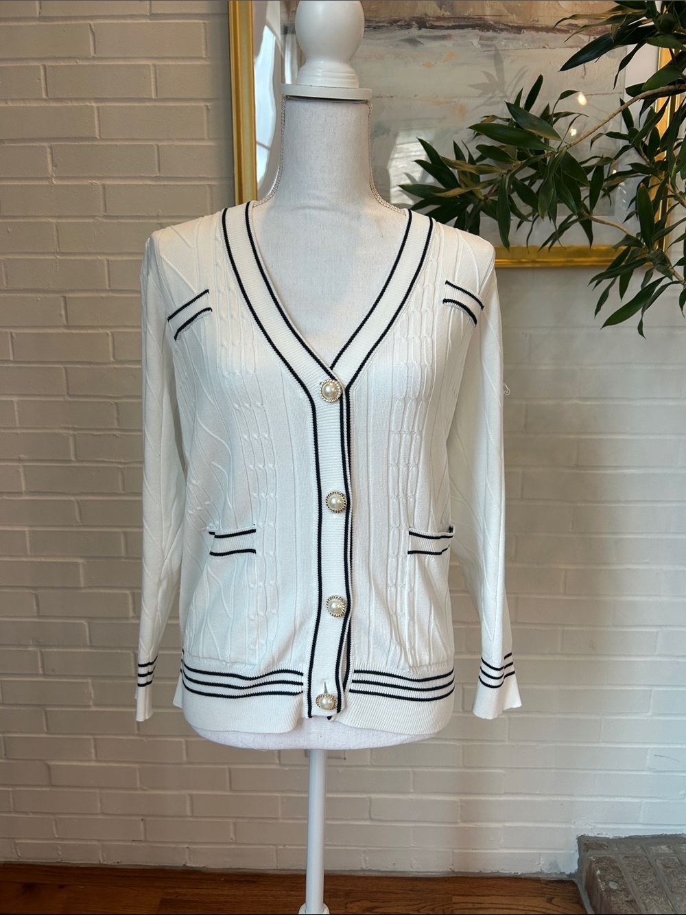 Nannette Cream Cardigan with Black Trim and Pearl Buttons